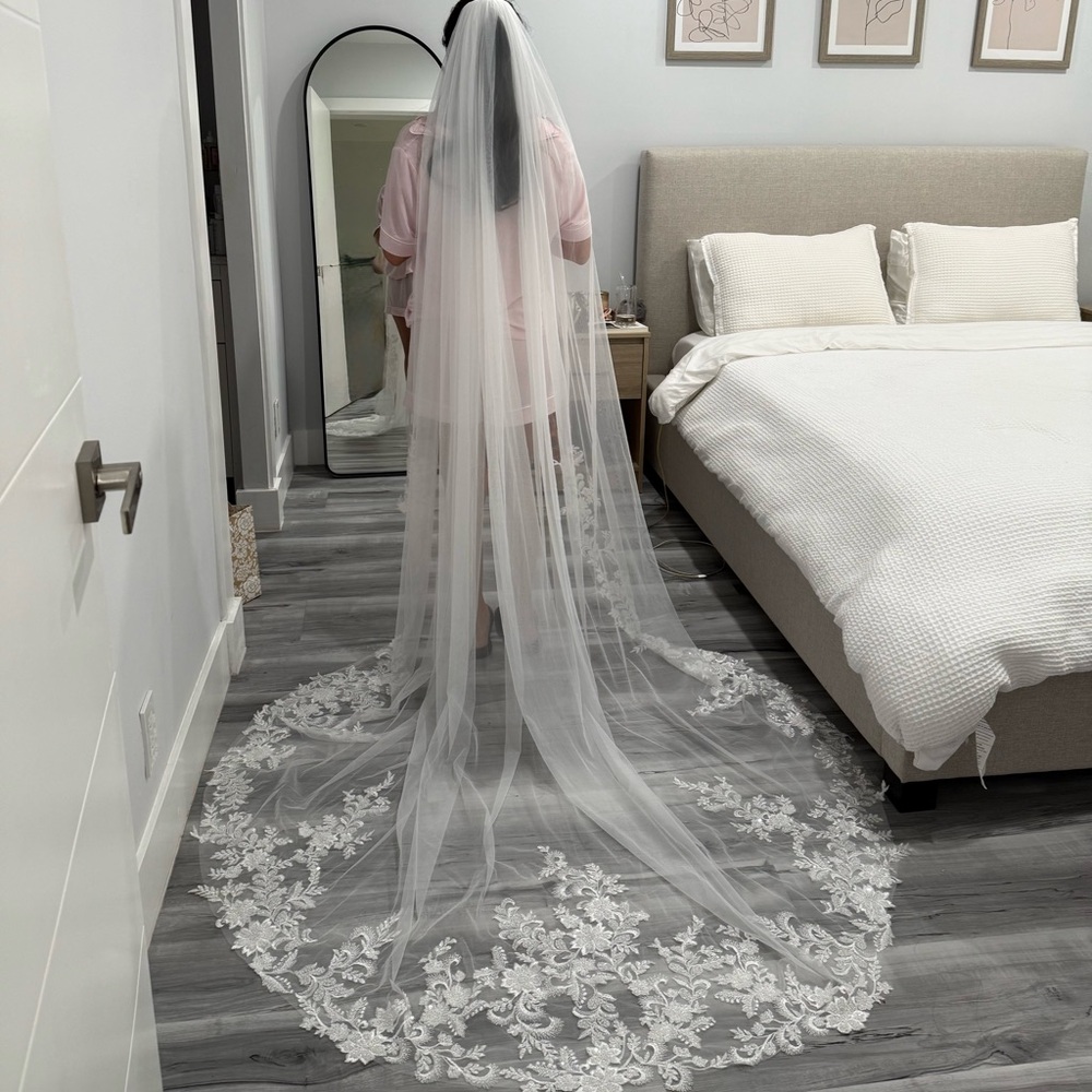 Elegant White Bridal Veil with Lace Trim